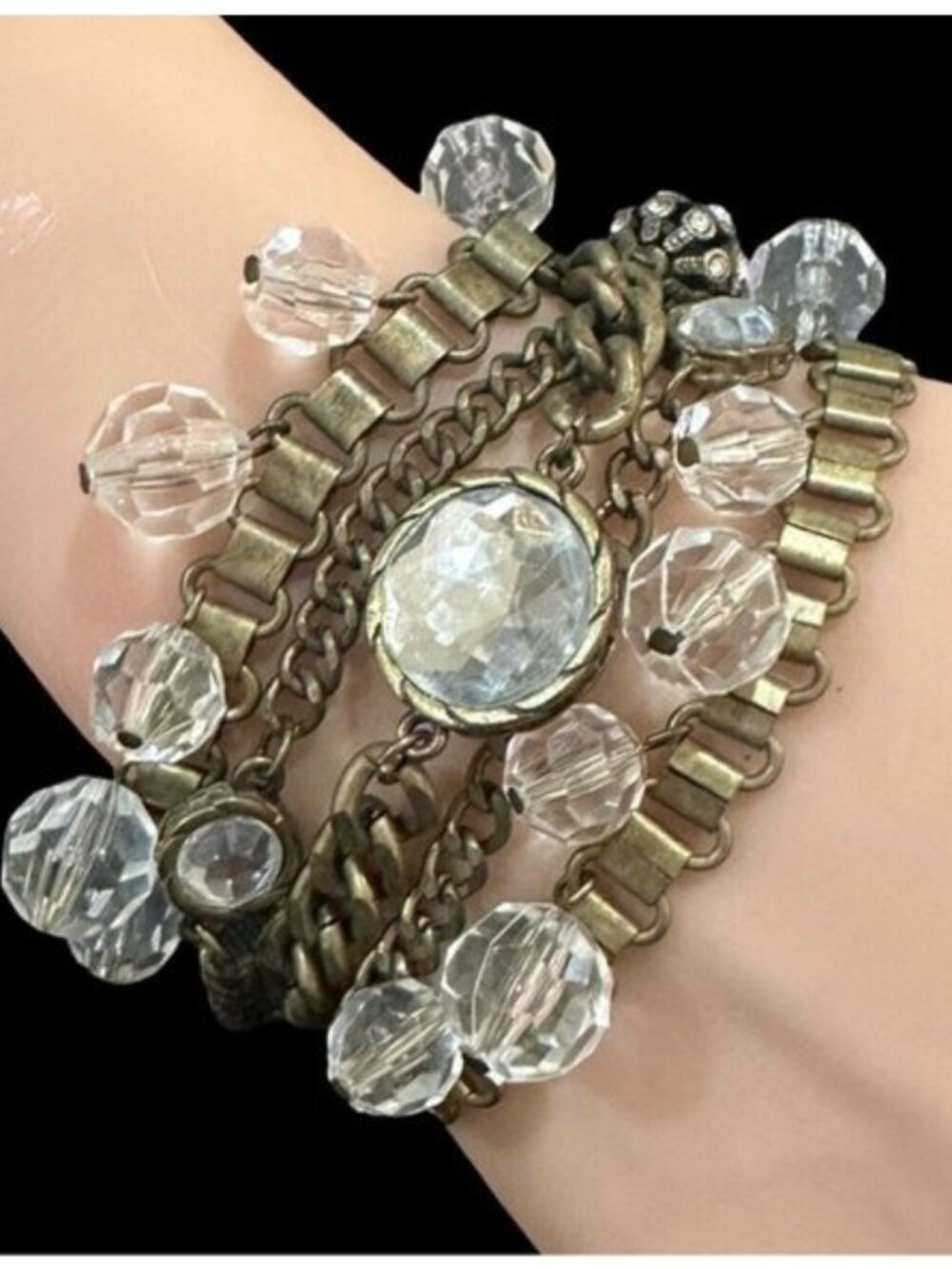 Vintage Multi-Strand Gold-Tone Bracelet With Clear Beads & Centerpiece